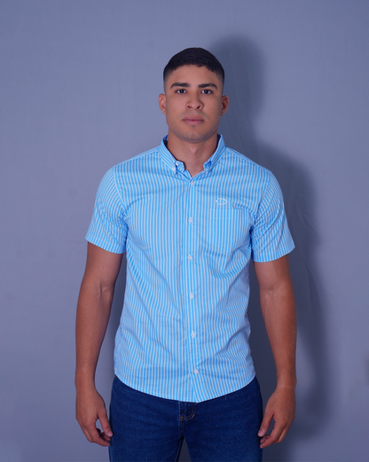 CAMISA REGULAR RAYAS CELESTE